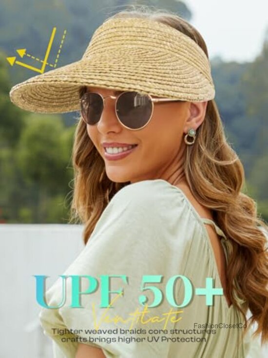 Straw Visor Hat - Wide Brim Sun Hat UPF 50+ Packable Beach Hat main image 6